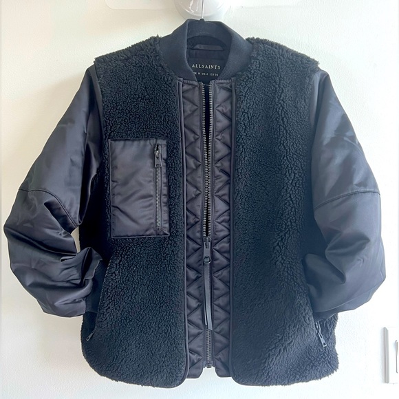 All Saints black bomber jacket with fleece - Picture 1 of 4